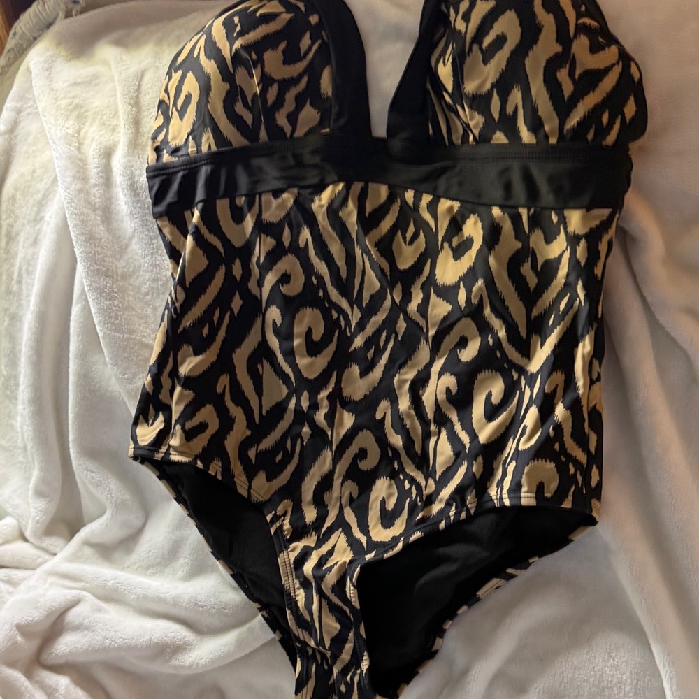 Large Curve Chic Black and Gold Patterned One-Piece Swimsuit